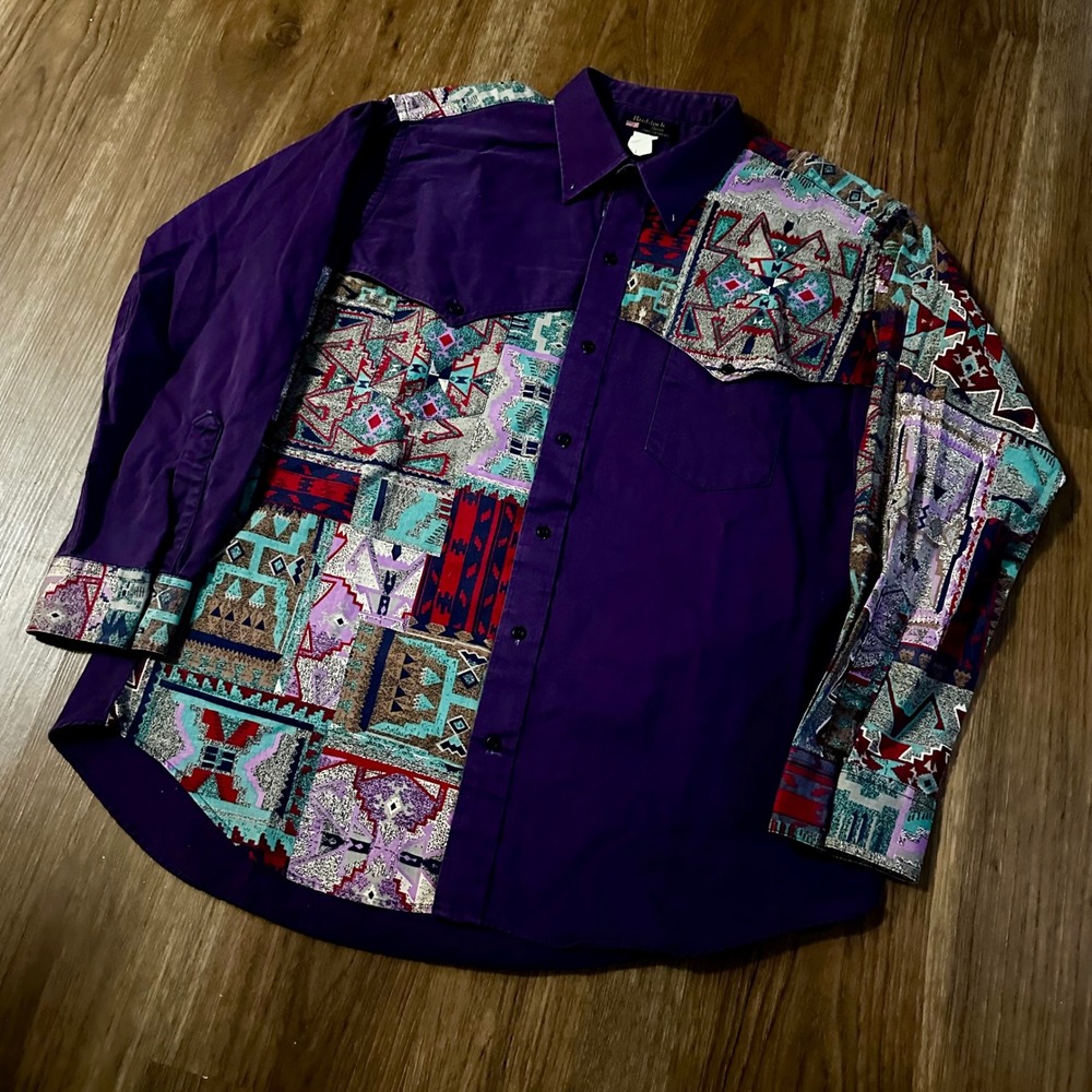 Ruddock Bros Western Shirt Mens XL Purple Multi Patchwork Geometric Vintage Good